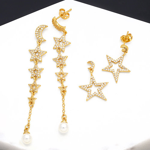 Fashion Star Moon Kupfer vergoldete künstliche Perlen Zirkon Tropfenohrringe 1 Paar