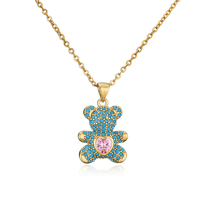 1 pieza de collar con colgante de circonita turquesa con incrustaciones chapado en cobre con forma de corazón de osito a la moda