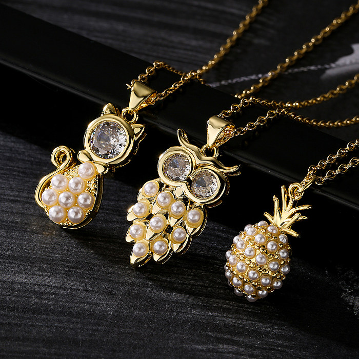 1 pièce mode chat hibou ananas cuivre placage incrustation perles artificielles Zircon pendentif collier