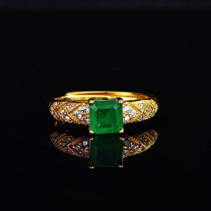 Tik Tok Live Stream Inlaid Imitation Natural Emerald Band Cotton Open Ring Square Ascutter Colored Gems Ring