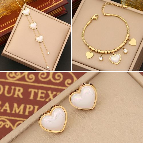 Bracelets et boucles d'oreilles en acier inoxydable pour femmes, Style Simple, incrustation de perles artificielles et de strass en forme de cœur