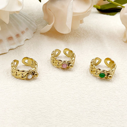 Elegant Roman Style C Shape Stainless Steel Plating Inlay Natural Stone Gold Plated Open Rings