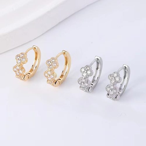1 Pair Elegant Flower Inlay Copper Artificial Diamond Hoop Earrings
