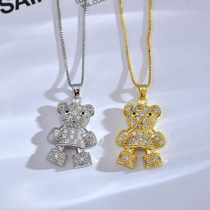 Retro Little Bear Copper Zircon Pendant Necklace In Bulk