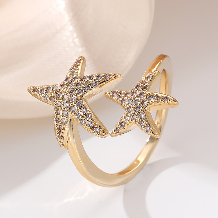 Anéis abertos elegantes do zircão do embutimento do cobre do pentagrama de Streetwear