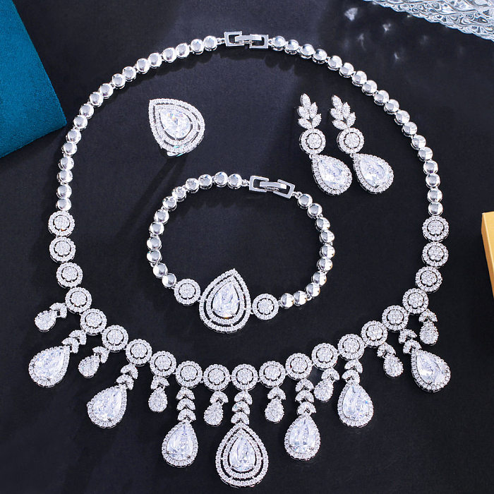 Shiny Star Water Droplets Sea Wave Copper Plating Inlay Artificial Gemstones White Gold Plated Rhodium Plated Jewelry Set