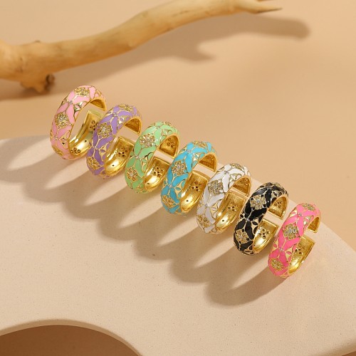 Elegant Classic Style Flower Copper Enamel Plating Inlay Zircon 14K Gold Plated Open Rings