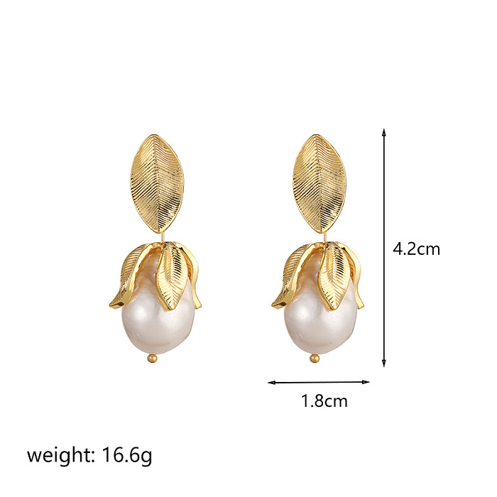 1 Paar schlichte Tropfenohrringe mit Blattplattierung und Inlay aus Kupferperlen und 18 Karat Gold