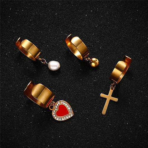 Anillo abierto de perlas de agua dulce con piedras preciosas artificiales de acero inoxidable con forma de corazón y cruz geométrica de estilo moderno a granel