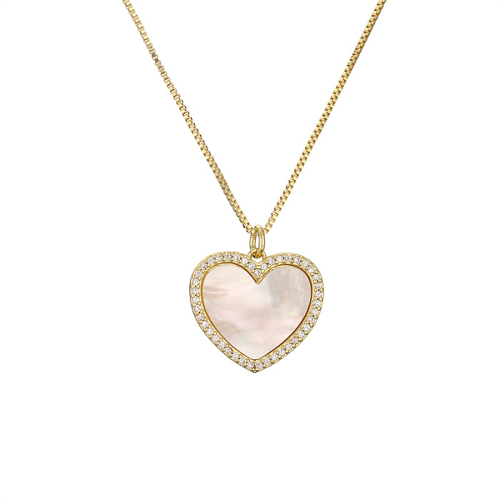 Simple Style Heart Shape Copper Plating Inlay Shell Zircon Gold Plated Pendant Necklace