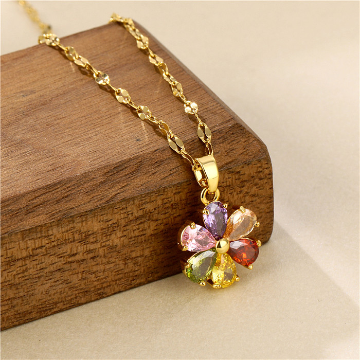 1 Piece Shiny Flower Stainless Steel Brass Plating Inlay Zircon Pendant Necklace