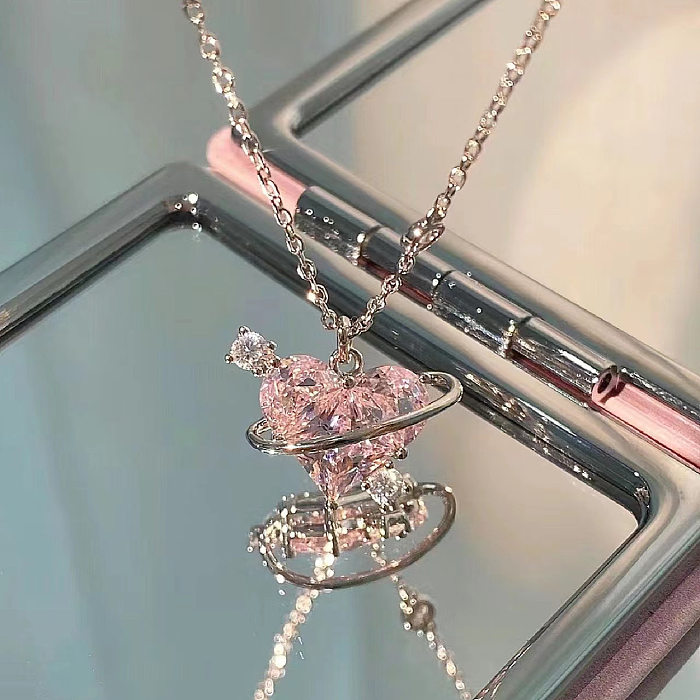 Sweet Heart Shape Copper Plating Inlay Artificial Diamond Pendant Necklace