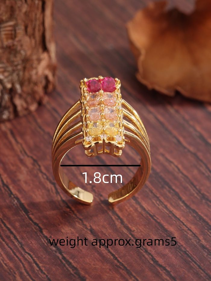 Exaggerated Luxurious Sweet Rectangle Copper Layered Plating Inlay Zircon 18K Gold Plated Open Rings