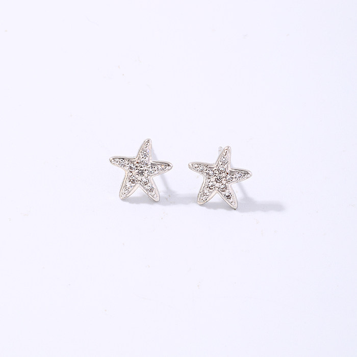 1 paire de clous d'oreilles plaqués or blanc, Style IG Simple, incrustation d'étoiles en cuivre Zircon plaqué or blanc