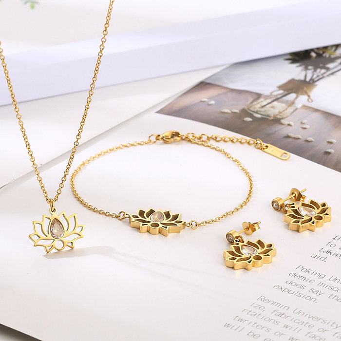 Schlichter Stil, Lotus-Chrysantheme, Titan-Stahlbeschichtung, ausgehöhlt, 18 Karat vergoldet, Armbänder, Ohrringe, Halskette