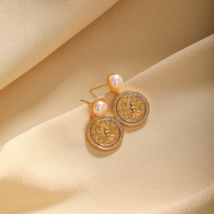 1 Pair Classical Retro Portrait Plating Inlay Imitation Pearl Copper Zircon 18K Gold Plated Drop Earrings