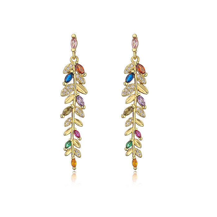 Fashion Leaves Copper Plating Inlay Zircon Drop Earrings 1 Pair