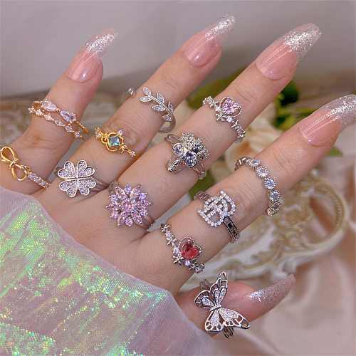 IG Style Shiny Leaf Heart Shape Skull Copper Plating Inlay Zircon Open Rings