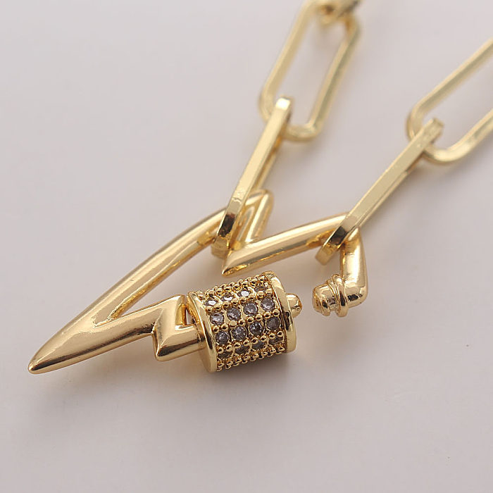 Hip-Hop Cool Style Pin Lightning Copper Gold Plated Zircon Pendant Necklace In Bulk