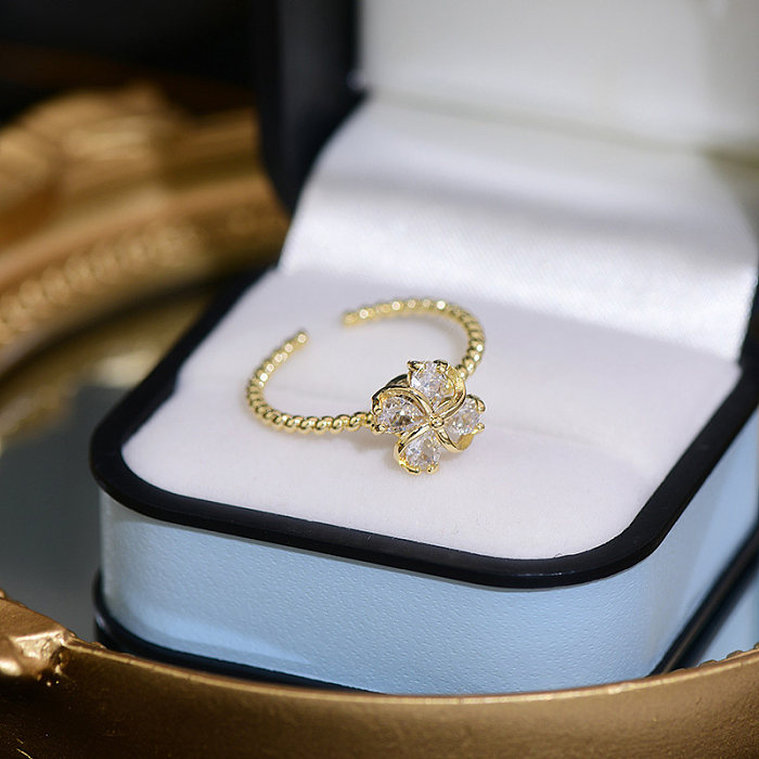 Estilo francês estilo simples flor chapeamento de cobre incrustação zircão 14K anéis abertos banhados a ouro