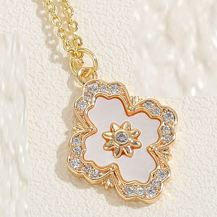 Sweet Commute Clouds Bear Rose Copper Plating Inlay Pearl Shell Zircon 14K Gold Plated Pendant Necklace