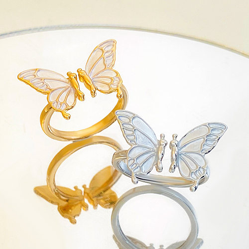 Elegante borboleta doce cobre esmalte 14K banhado a ouro anéis abertos banhados a prata