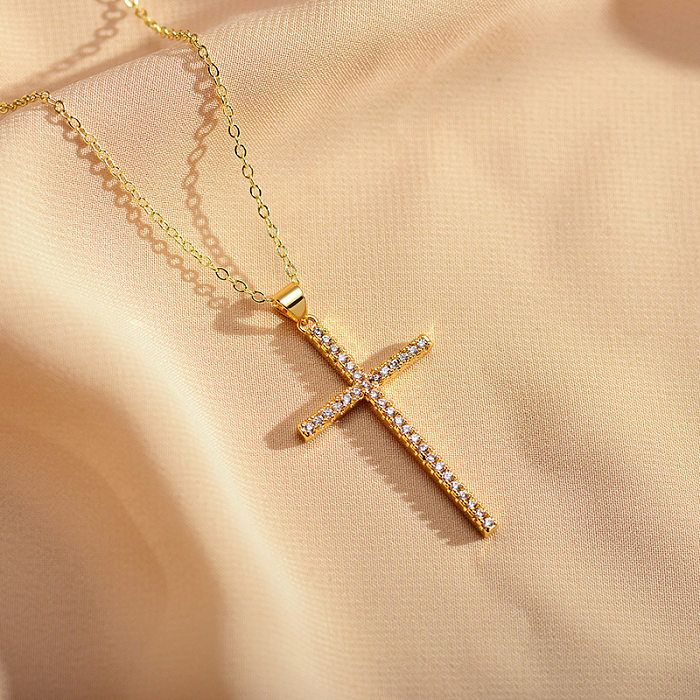 Modern Style Cross Copper Inlay Zircon Pendant Necklace