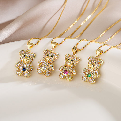 Casual Cute Little Bear Copper Plating Inlay Zircon Gold Plated Pendant Necklace