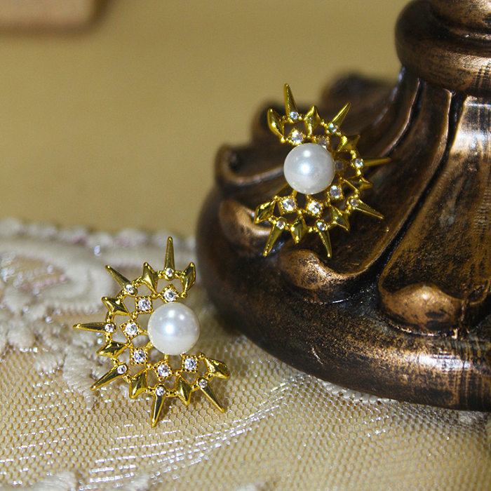 1 Paar Retro-Ohrstecker mit geometrischer Beschichtung, Inlay aus Kupfer, künstlichen Perlen und Zirkon
