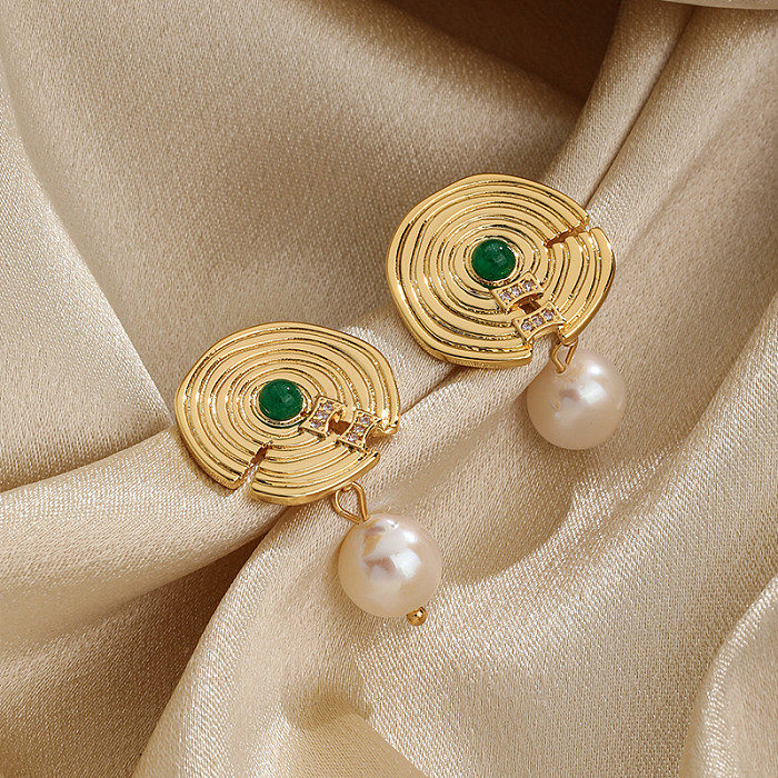 1 Pair Retro Classic Style Geometric Plating Inlay Freshwater Pearl Copper Resin Zircon 18K Gold Plated Drop Earrings