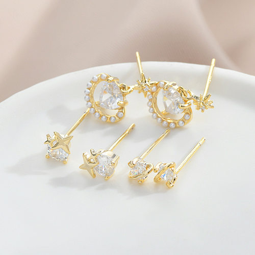3 pares de brincos de orelha de zircônia com pérolas artificiais estilo simples estrela de cobre embutidas