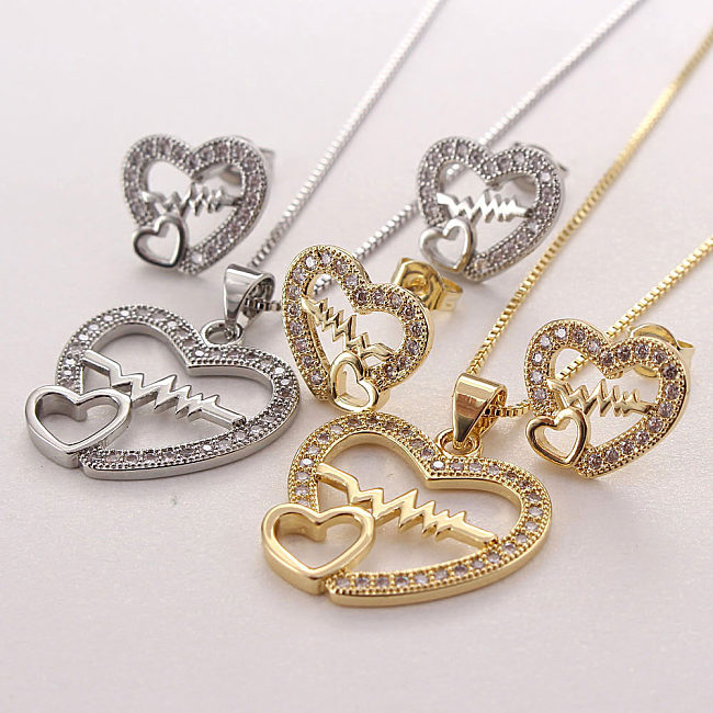 Simple Style Heart Shape Copper Plating Inlay Zircon Gold Plated Jewelry Set