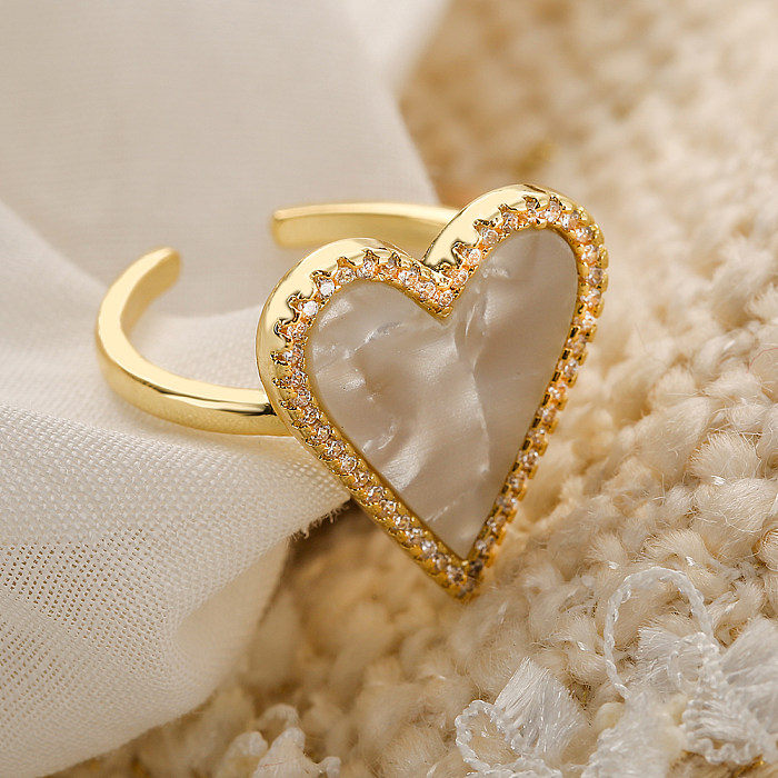 1 Piece Fashion Heart Shape Copper Plating Inlay Shell Zircon Open Ring