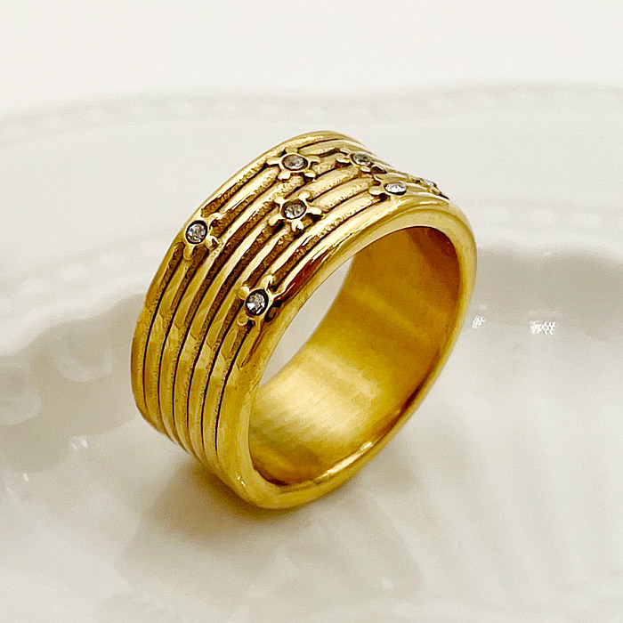 Estilo retro simples cor sólida chapeamento de aço inoxidável strass anéis banhados a ouro