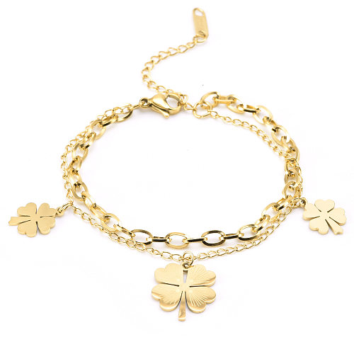 Cute Sweet Four Leaf Clover Titanium Steel Plating 18K Gold Plated Bracelets Anklet