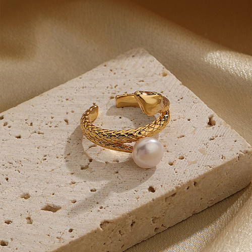 Anéis abertos banhados a ouro de pérola 18K com chapeamento de cobre de cobra estilo legal