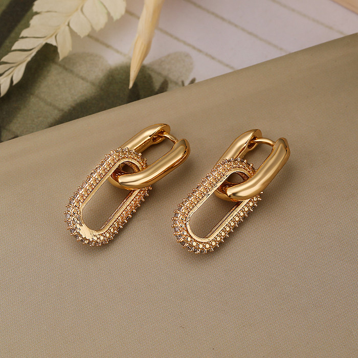 1 Pair Simple Style Commute Oval Plating Inlay Copper Zircon 18K Gold Plated Drop Earrings