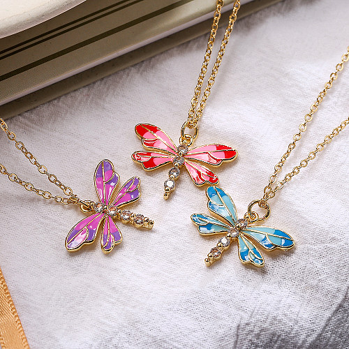 Simple Style Commute Dragonfly Copper Enamel Plating Inlay Zircon 18K Gold Plated Pendant Necklace