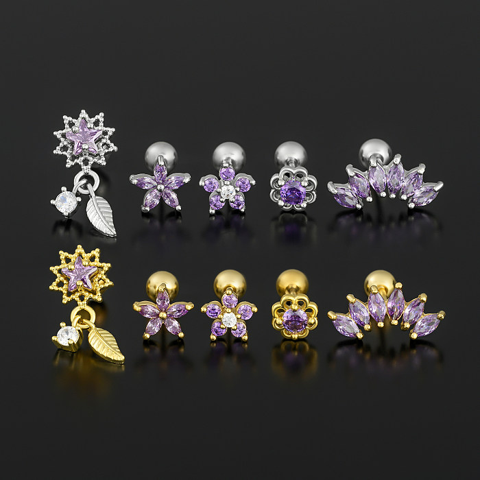 1 Piece IG Style Simple Style Geometric Flower Plating Inlay Brass Zircon 18K Gold Plated White Gold Plated Ear Studs