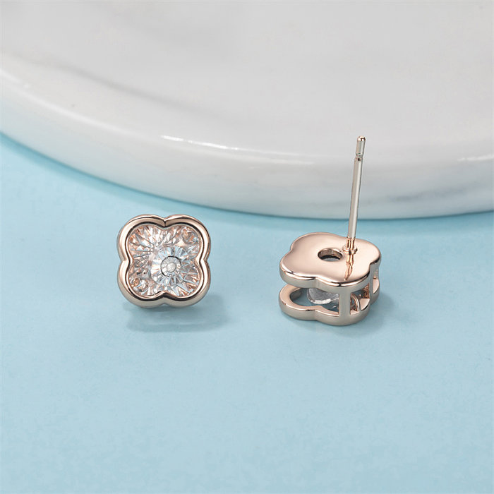 1 Pair Simple Style Heart Shape Flower Plating Inlay Copper Diamond Rose Gold Plated Ear Studs