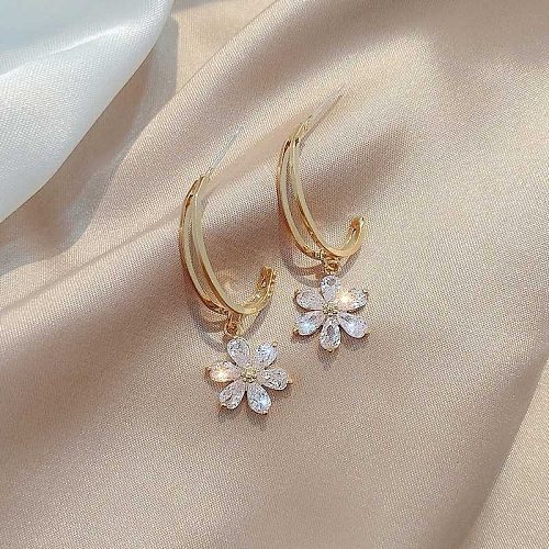 1 paire de boucles d'oreilles pendantes en cuivre et Zircon, Style moderne, placage de fleurs, incrustation
