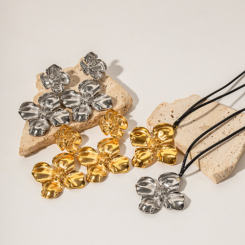 Colar de brincos banhado a ouro 18K com flor retrô de cor sólida em aço inoxidável
