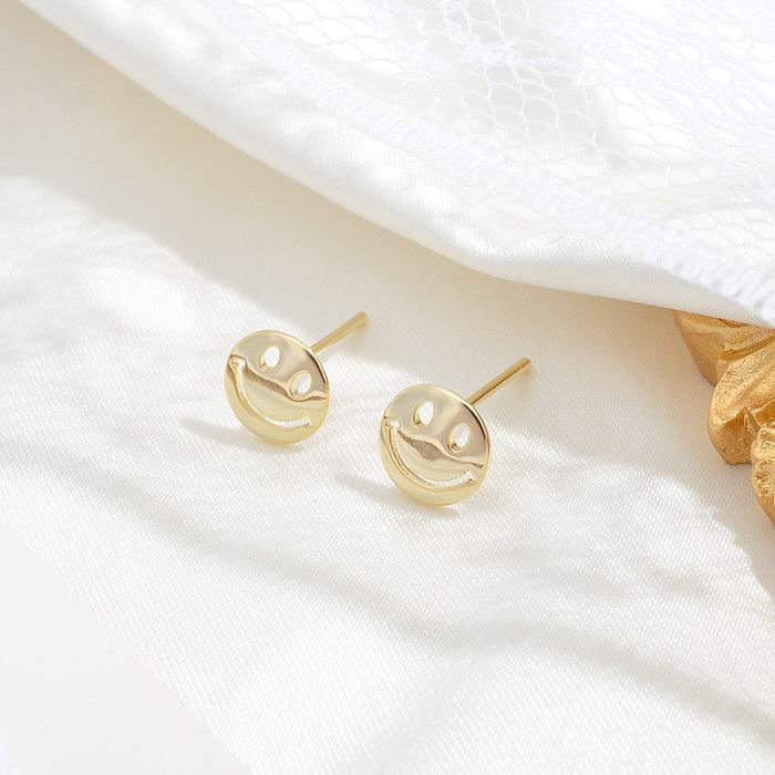 Fashion Smiley Face Copper Plating Hollow Out Inlay Zircon Ear Studs 1 Set