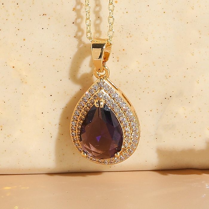 Elegant Luxurious Queen Water Droplets Copper Irregular Plating Inlay Zircon 14K Gold Plated Pendant Necklace