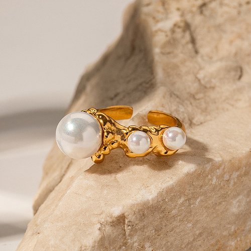 Bague ouverte plaquée or 18 carats, Style coréen Simple, perles de coquille irrégulières en acier inoxydable irrégulier
