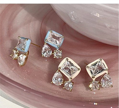 1 Pair Sweet Square Water Droplets Enamel Plating Inlay Copper Zircon Gold Plated Earrings