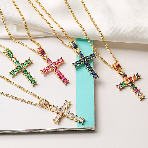 INS Style Cross Copper Plating Inlay Zircon 18K Colar com pingente banhado a ouro