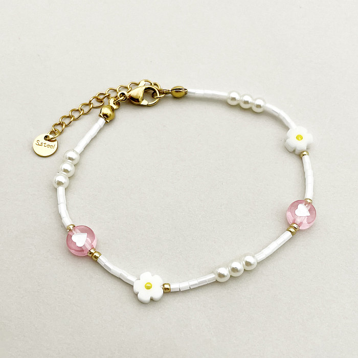 Princesse mignon Style Simple coeur forme fleur acier inoxydable perlé placage plaqué or Bracelets collier