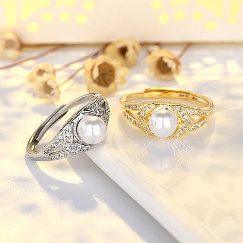 Glamouröse offene Ringe mit geometrischem Kupfer-Inlay, künstlichen Perlen und Zirkon