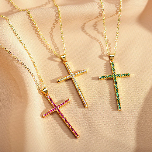Modern Style Cross Copper Inlay Zircon Pendant Necklace